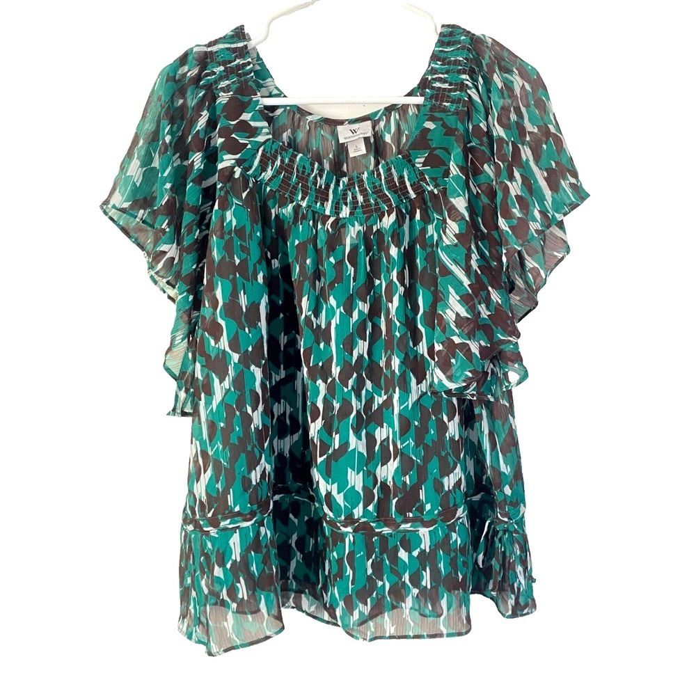 Worthington Sheer Chiffon Multi-Color Blouse Ruffle w Built-in Removable Cami
